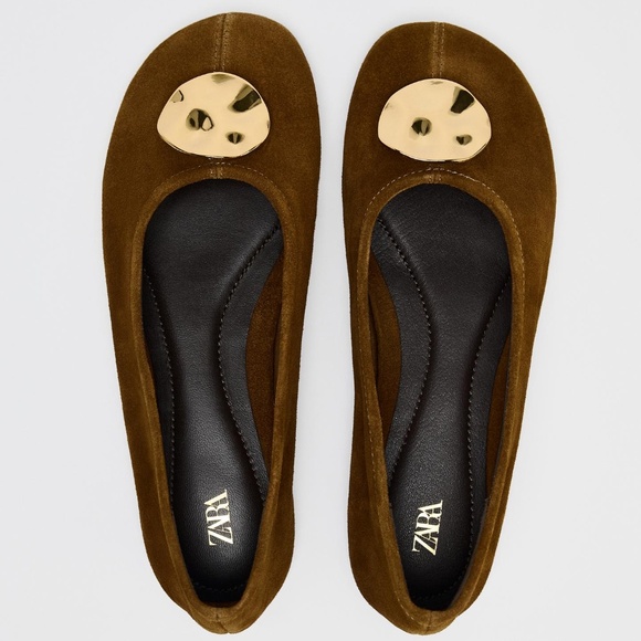 Zara chocolate brown suede leather embellished ballet NWT - Picture 1 of 10